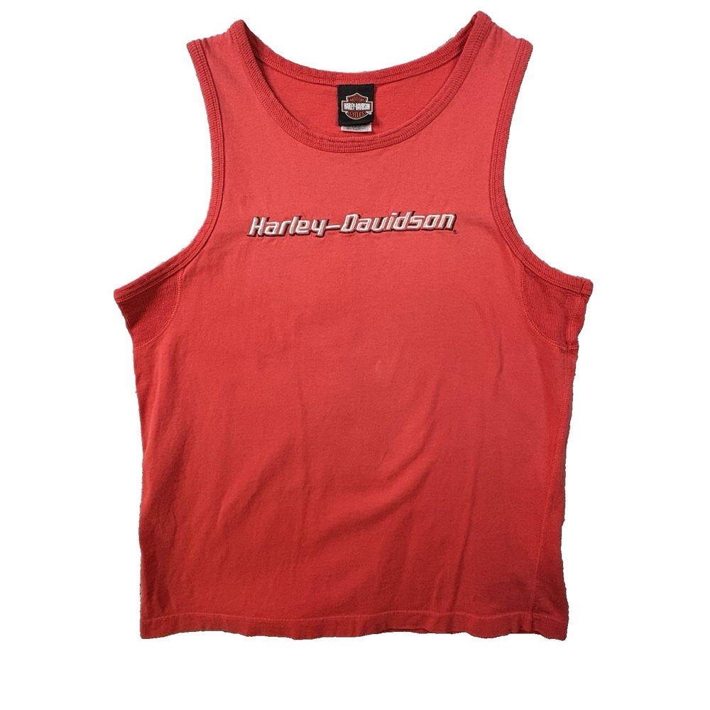 Harley Davidson Women's M (~XL) Red Tank Top Carolina Embroidered Y2K Biker T‎